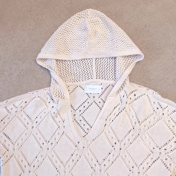 Lucky Brand Crochet Hoodie Cropped Sweater Women Medium Cream Pointelle Pullover - Picture 6 of 13